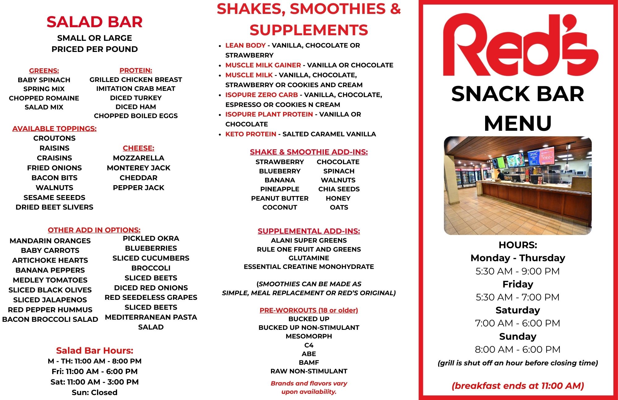SNACK BAR MENU